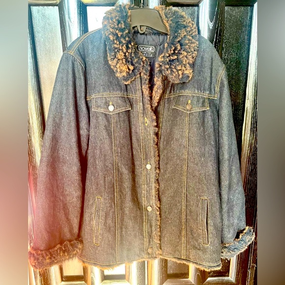 novelti for LINDOR Womens Denim Jean Jacket Size large With Black Brown Faux Fur - Picture 2 of 6